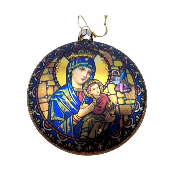 Glass Ornament Featuring Vibrant Madonna & Child Design With Intricate Stained G - Picture 1 of 10